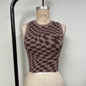 EUC Garage Knit Swirl Checkerboard Cropped Tank Top Brown Small